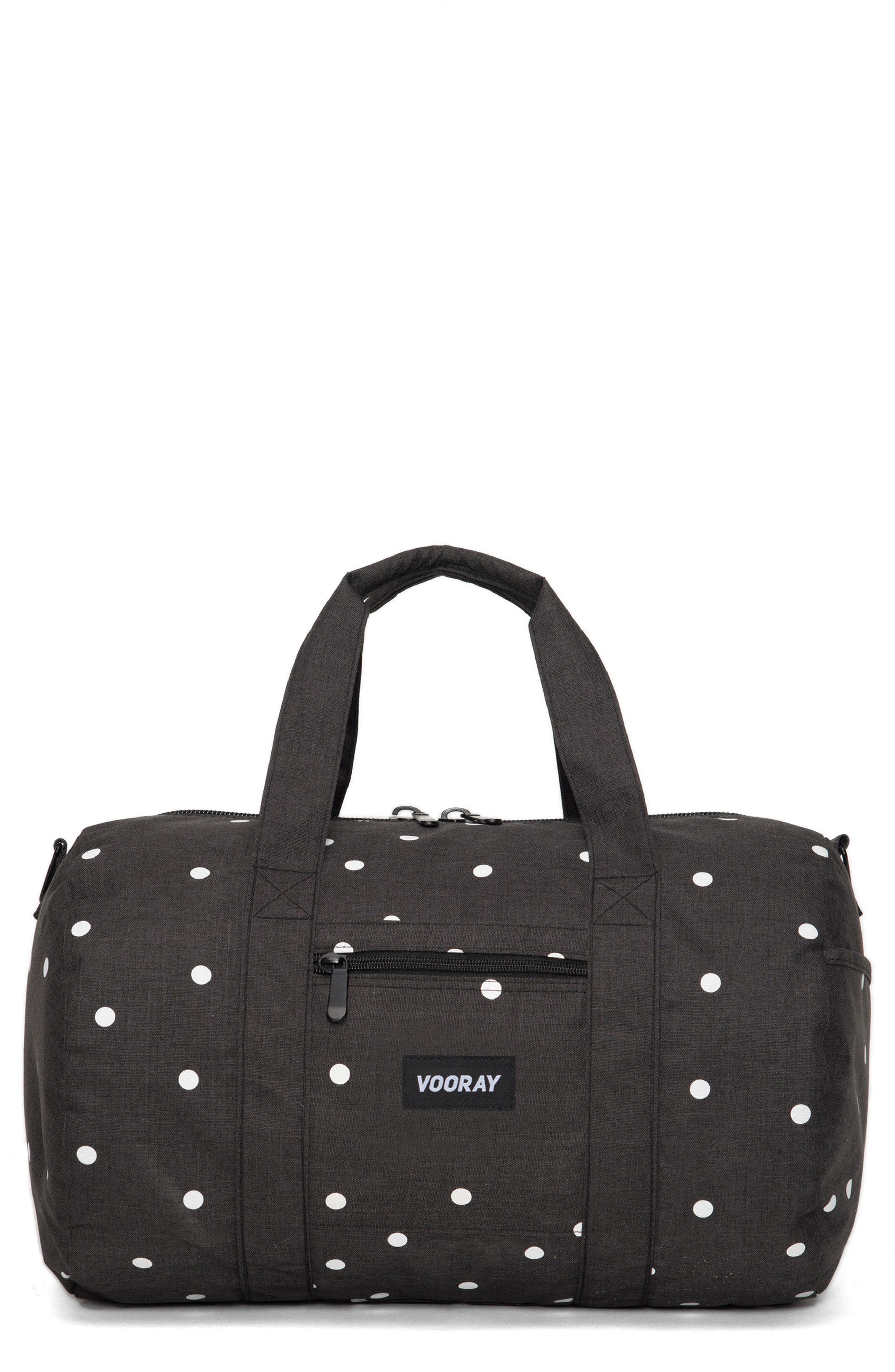 Roadie Water Resistant Duffel Bag, Main, color, BLACK/POLKA DOT