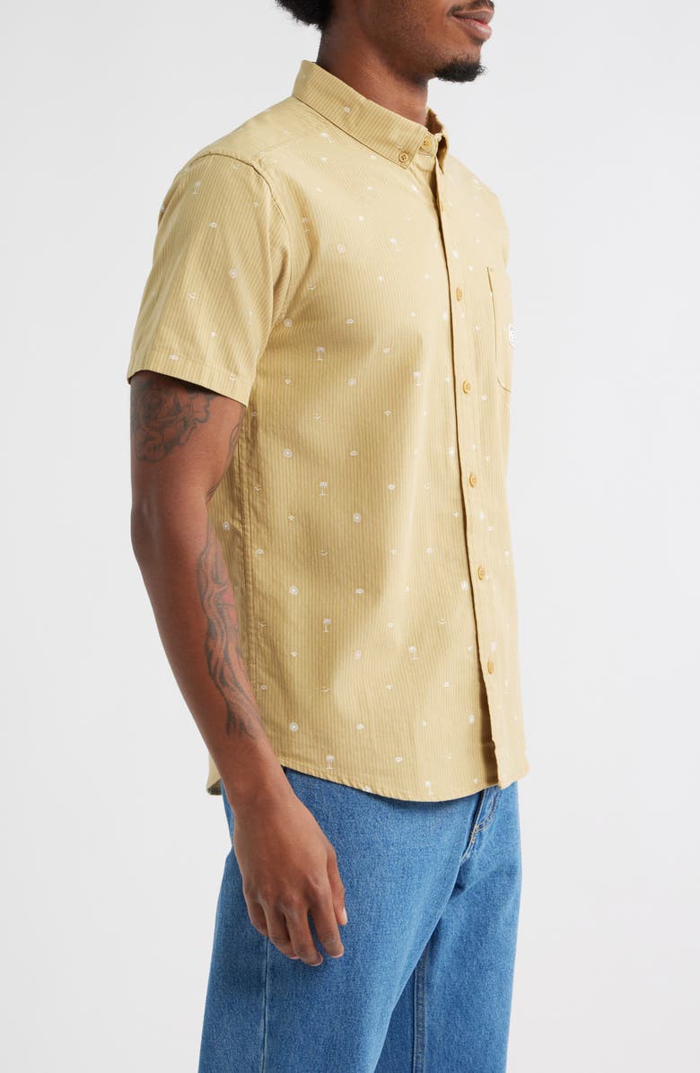 RVCA Exotica Stripe Embroidered Short Sleeve Cotton Button-Down Shirt, Alternate, color, Ochre