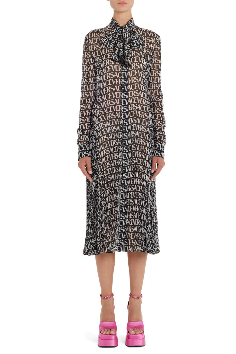 Logo Print Semisheer Long Sleeve Silk Midi Dress, Main, color, BLACK/ WHITE