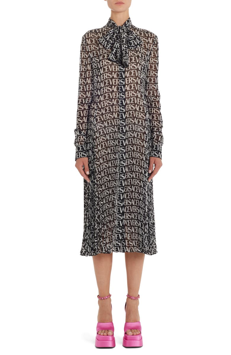 Versace Logo Print Semisheer Long Sleeve Silk Midi Dress, Main, color,