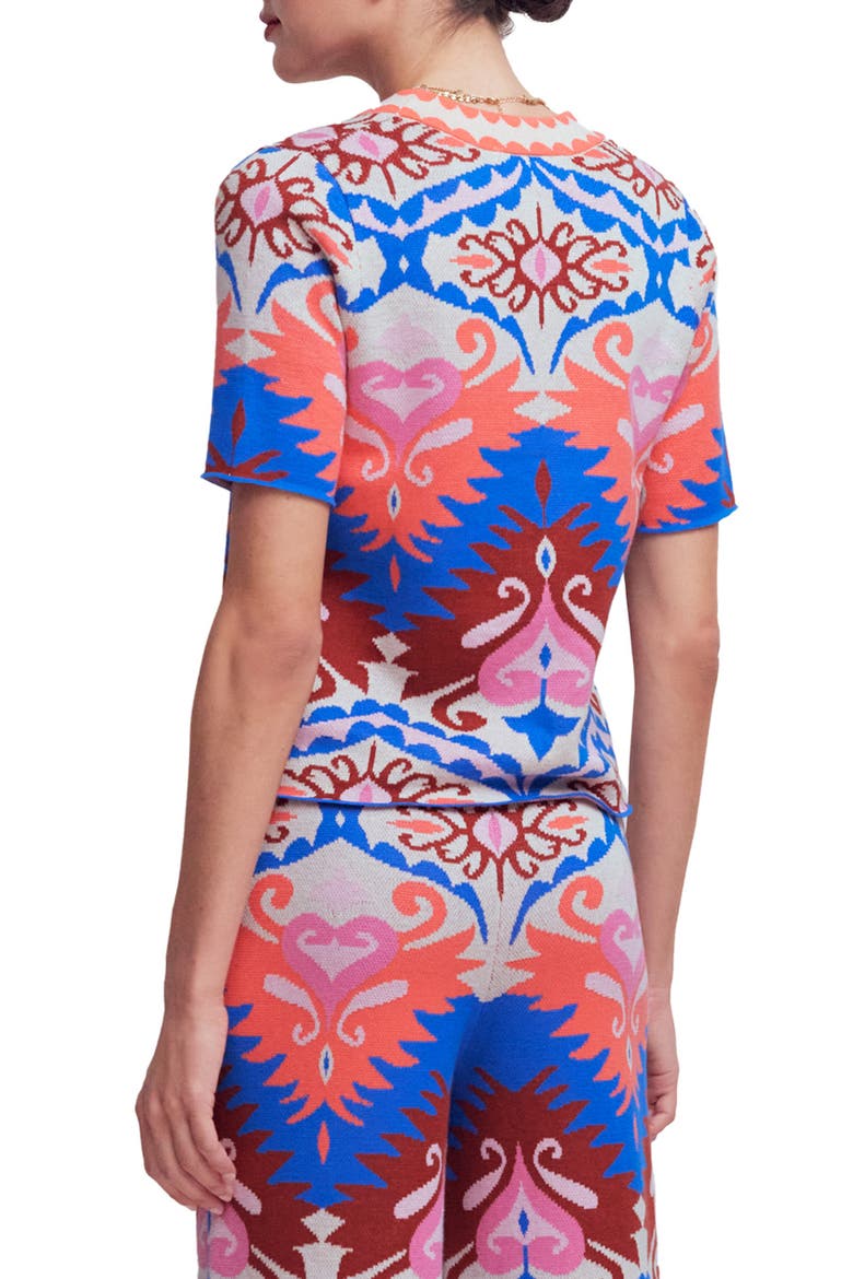 Short Sleeve Jacquard Cardigan, Alternate, color, AZTEC