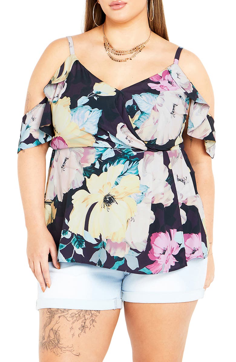 City Chic Kallie Floral Cold Shoulder Top, Main, color, Black Melanie Bloom