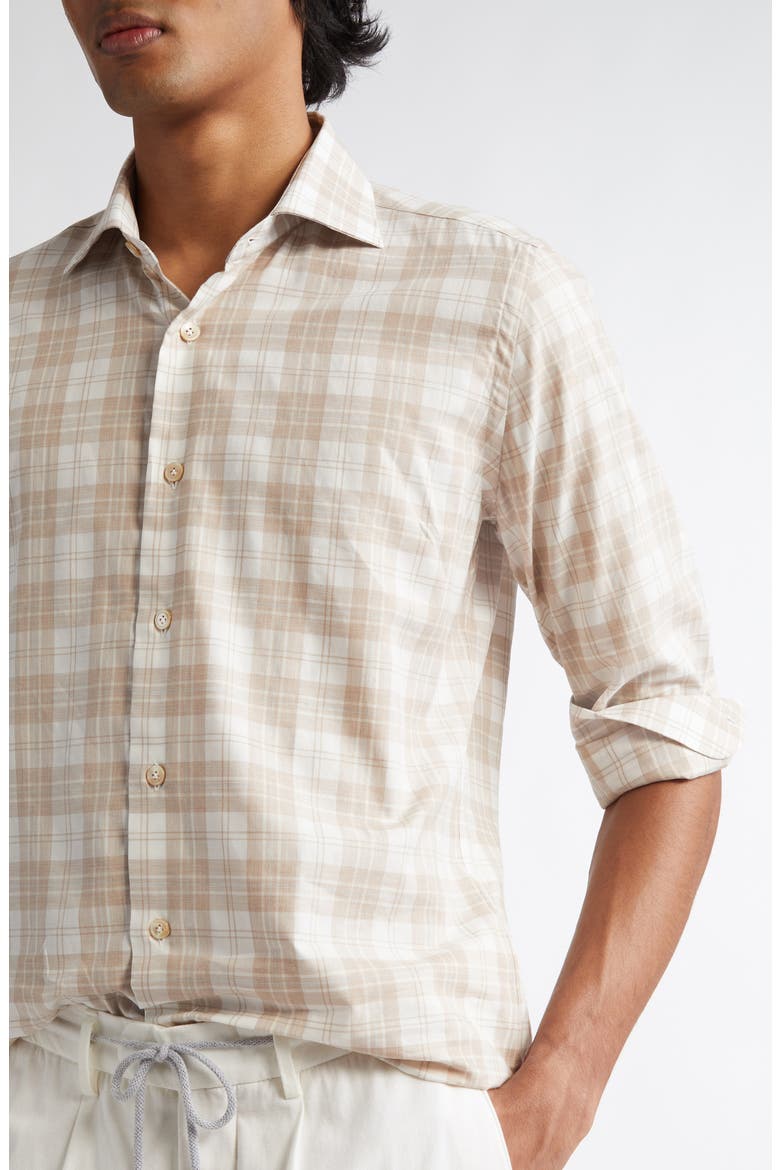 Plaid Cotton Button-Up Shirt, Alternate, color, BEIGE AND LIGHT GRAY