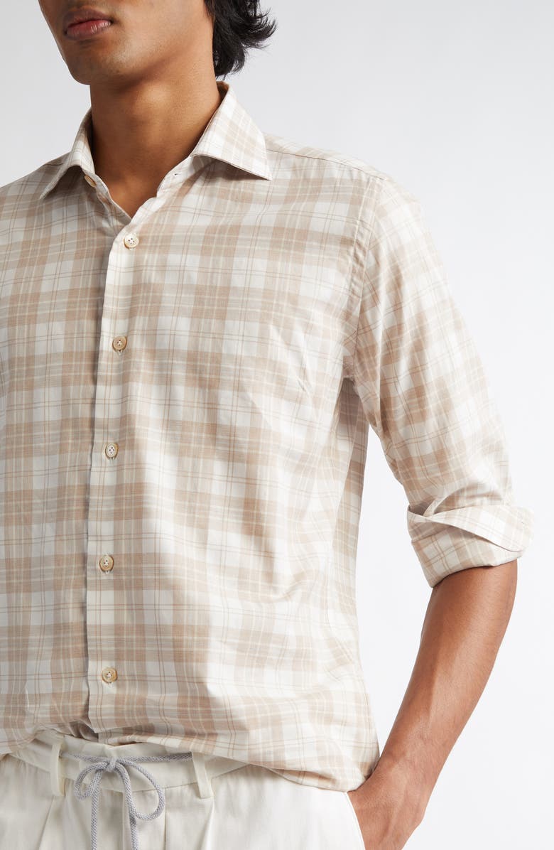Eleventy Plaid Cotton Button-Up Shirt, Alternate, color, Beige And Light Gray