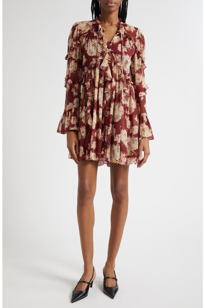 Mae Floral Print Ruffle Long Sleeve Chiffon Minidress, Main, color, WINEBERRY MULTI