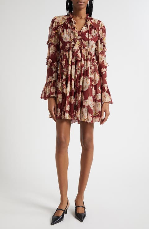 Mae Floral Print Ruffle Long Sleeve Chiffon Minidress
