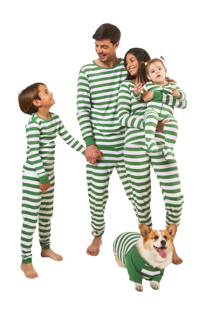 Leveret Kids Two-Piece Striped Cotton Matching Family Holiday Pajamas, Alternate, color, Green & White