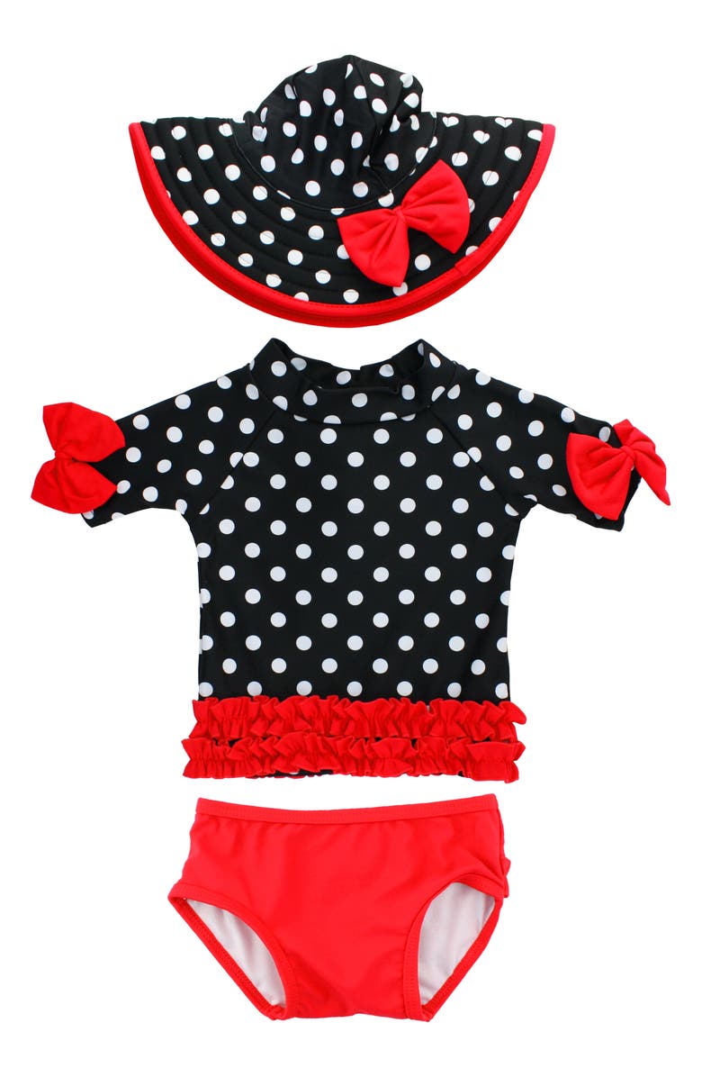 RuffleButts Vintage Two-Piece Rashguard Swimsuit & Hat Set, Main, color,