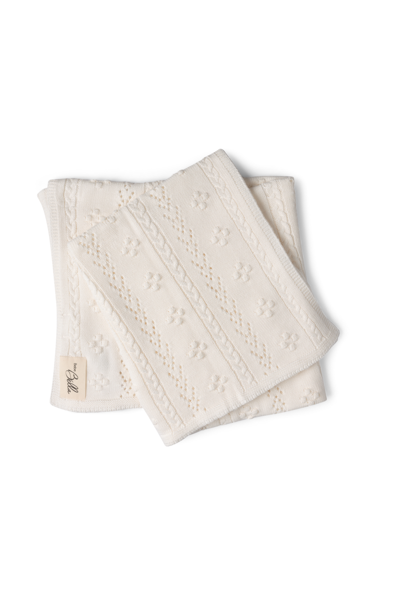 Braided Pointelle Pompom Knit Blanket, Main, color, White