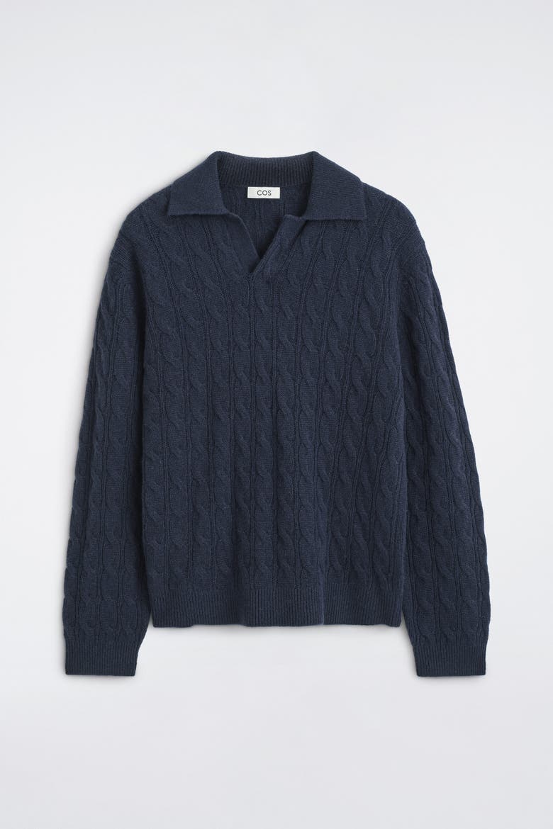 Cable-knit Pure Cashmere Polo Sweater, Alternate, color, NAVY
