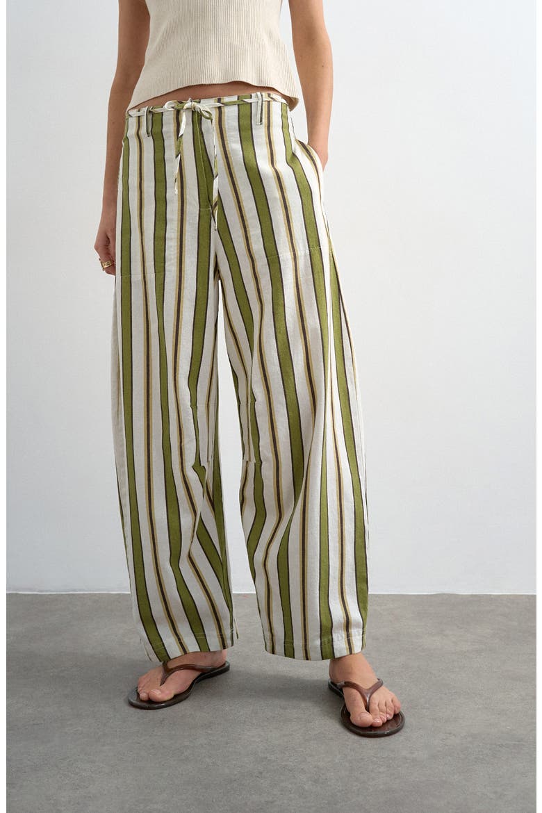 Stripe Wide Leg Linen & Cotton Pants, Main, color, MGREEN