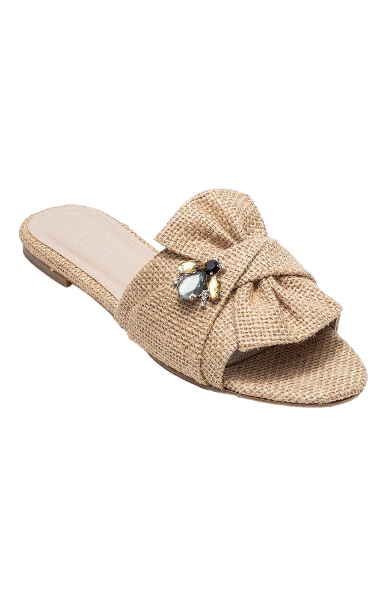 Prologue Shoes Daphne Raffia Bow Slide Sandal, Alternate, color, Beige Faux Leather