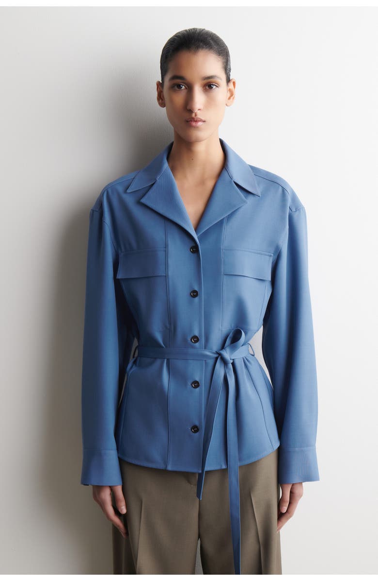 COS Belted Merino Wool Blend Utility Shirt, Main, color, Blue