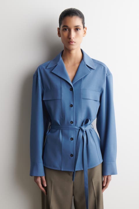 Belted Merino Wool Blend Utility Shirt