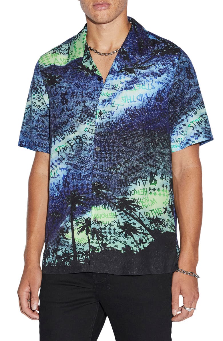 Ksubi Space Palm Lyocell Camp Shirt, Main, color, Blue/Green
