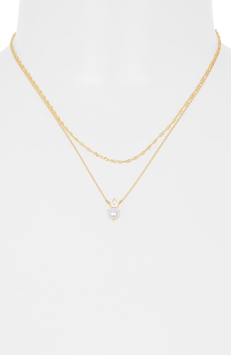NORDSTROM RACK Cubic Zirconia & Faux Pearl Pendant Necklace, Alternate, color, Clear- White- Gold