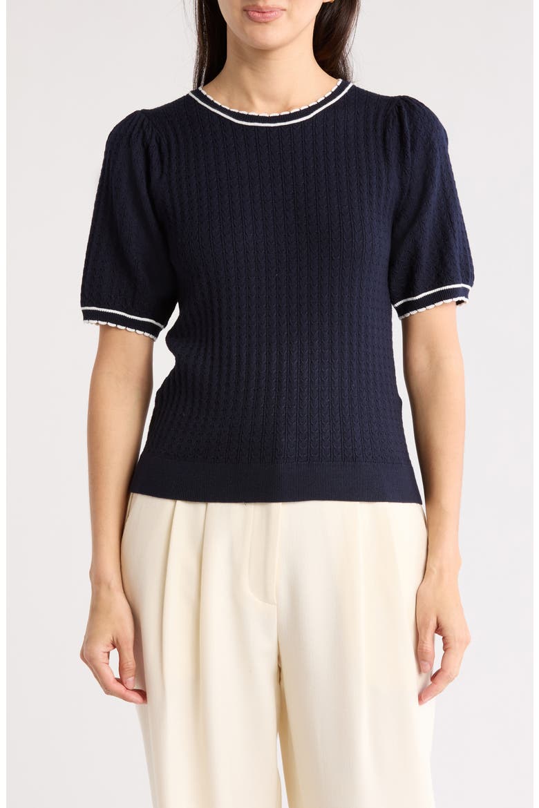 Ladylike Scalloped Short Sleeve Sweater, Main, color, NAVY/IVORY