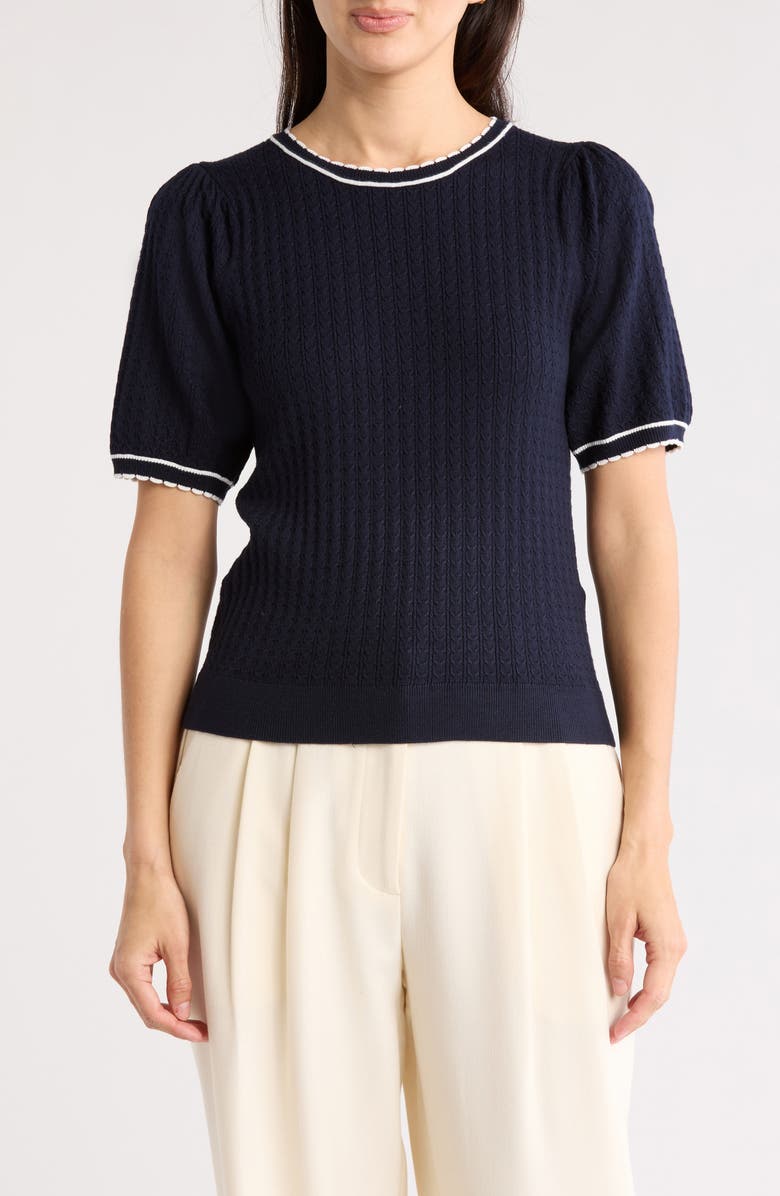 Adrianna Papell Ladylike Scalloped Short Sleeve Sweater, Main, color, Navy/Ivory