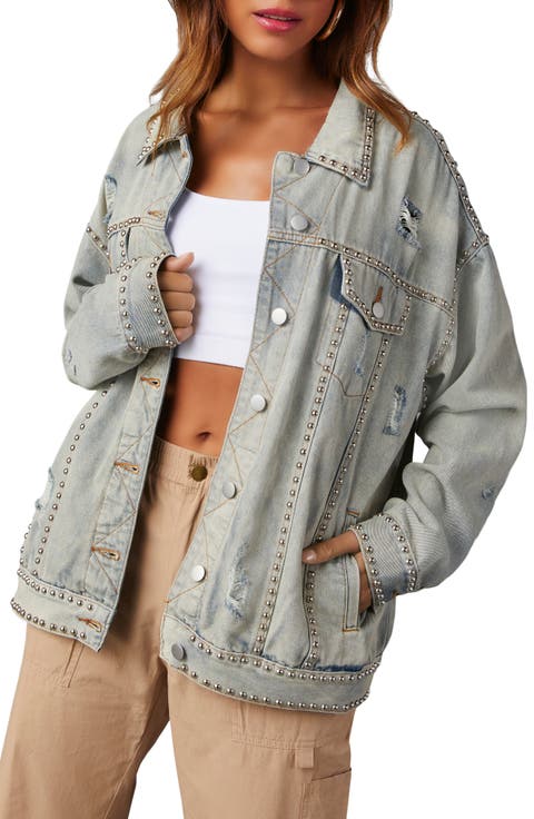 Kind of a Big Deal Stud Detail Distressed Denim Trucker Jacket