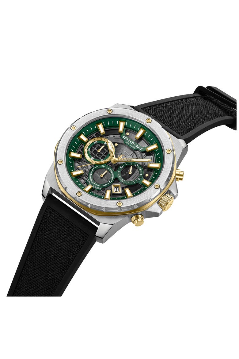 The Hollis Chronograph Mixed Media Strap Watch, 45mm, Alternate, color, BLACK