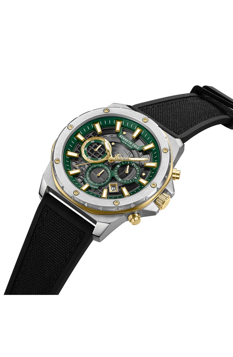 Kenneth Cole New York The Hollis Chronograph Mixed Media Strap Watch, 45mm, Alternate, color, Black