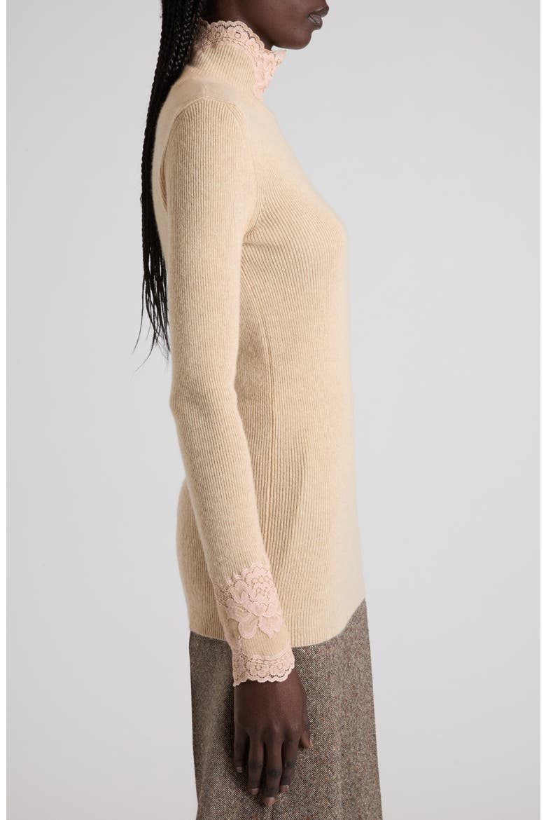 Lace Detail Cashmere Mock Neck Sweater, Alternate, color, WHITE/ ROSE