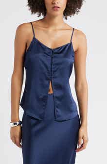 Open Edit Split Front Satin Button-Up Camisole