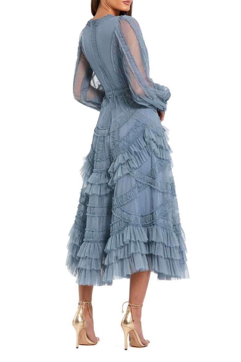 Petite Long Sleeve V Neck Mesh Micro Ruffle Midi Dress, Alternate, color, Slate Blue