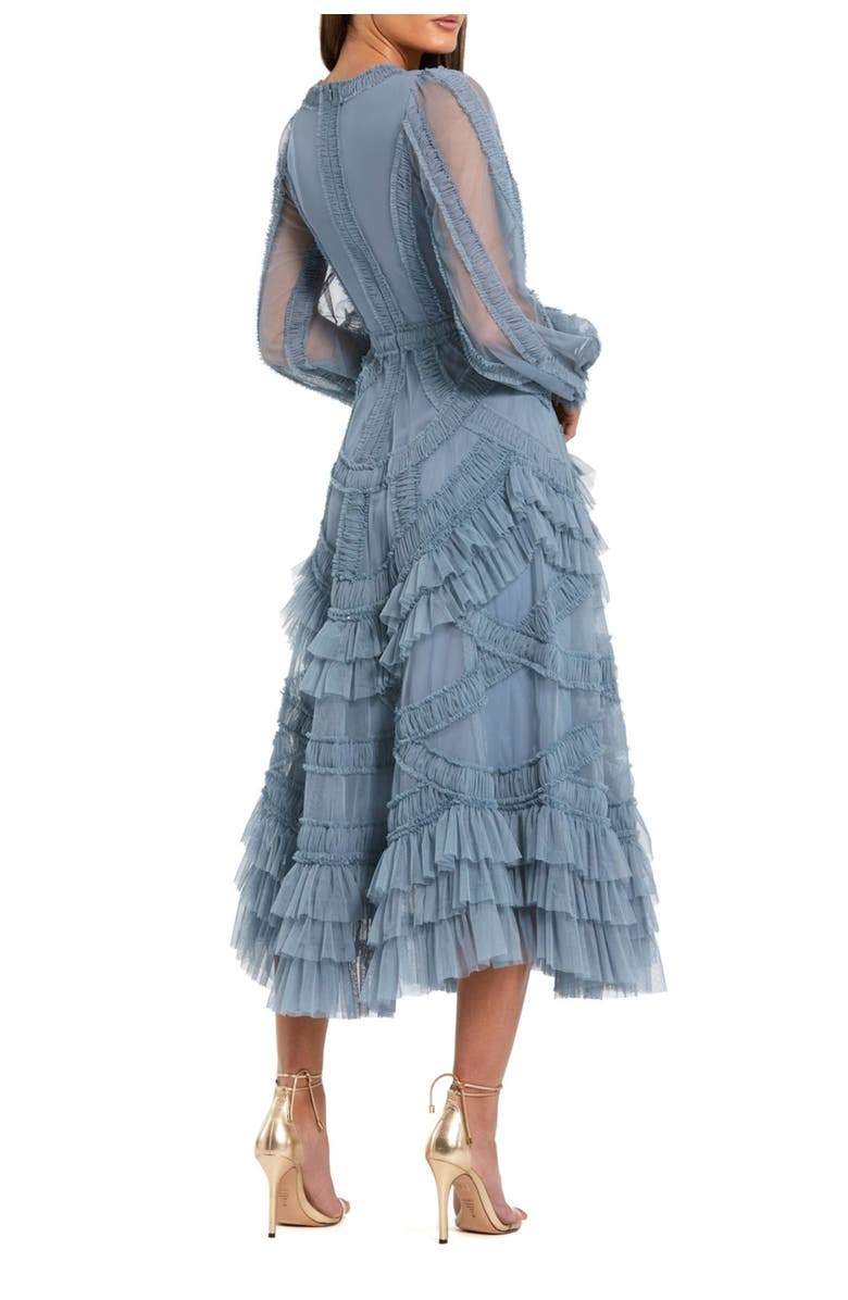 Mac Duggal Petite Long Sleeve V Neck Mesh Micro Ruffle Midi Dress, Alternate, color, Slate Blue