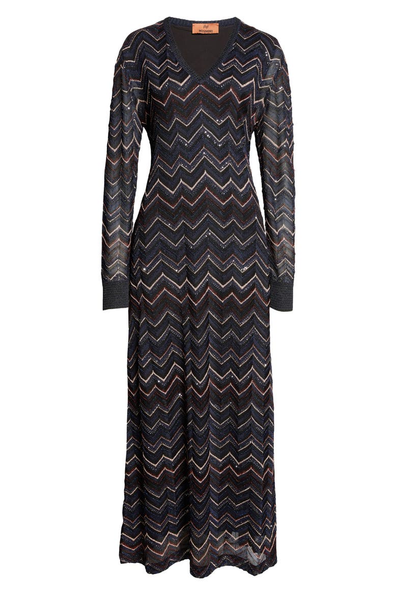 Sparkly Sequin Long Sleeve Shimmer Chevron Knit Maxi Dress, Alternate, color, MULTICOLOR DARK BLUE TONES