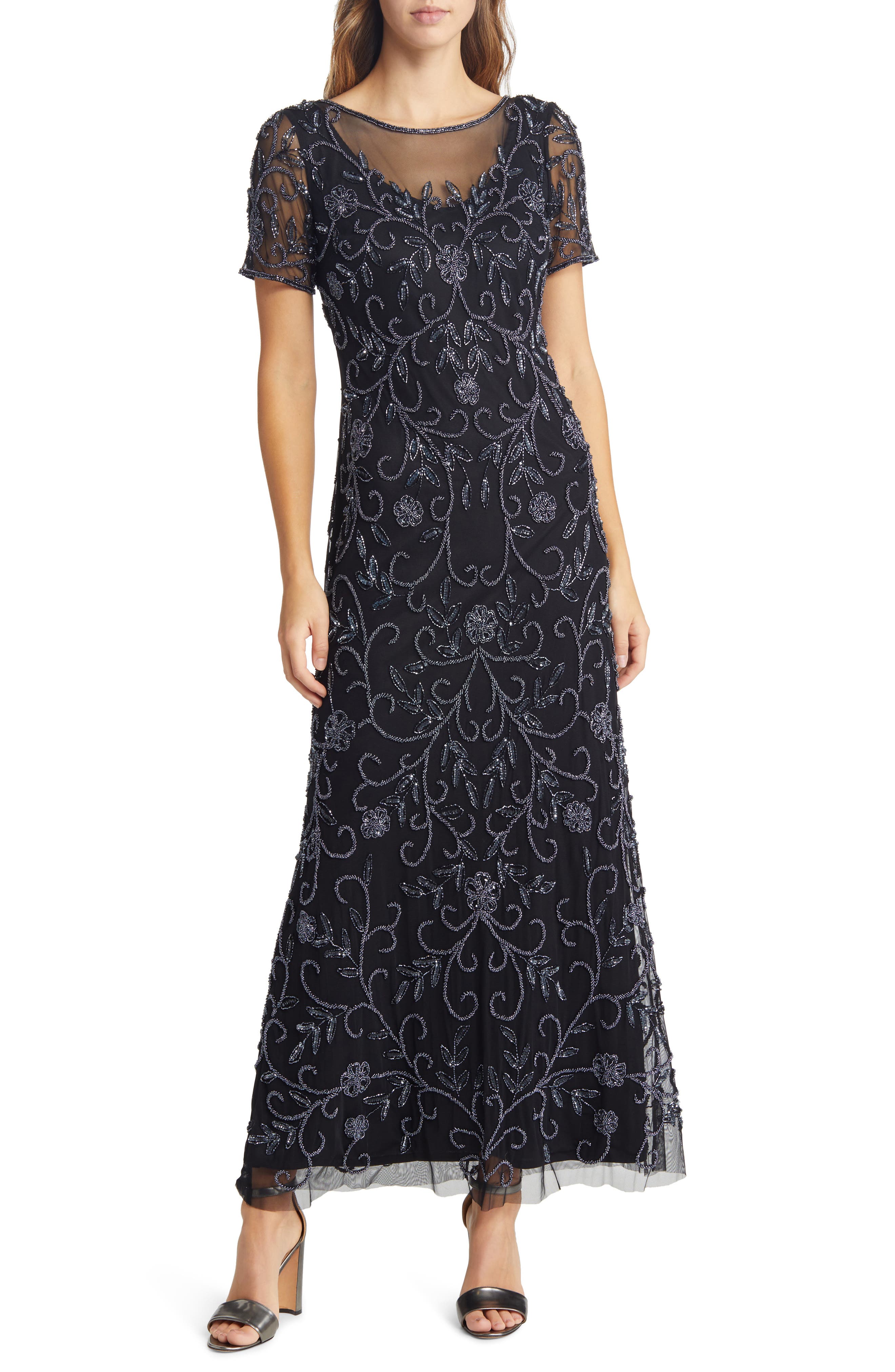 Pisarro Nights Floral Beaded Short Sleeve A-Line Gown
