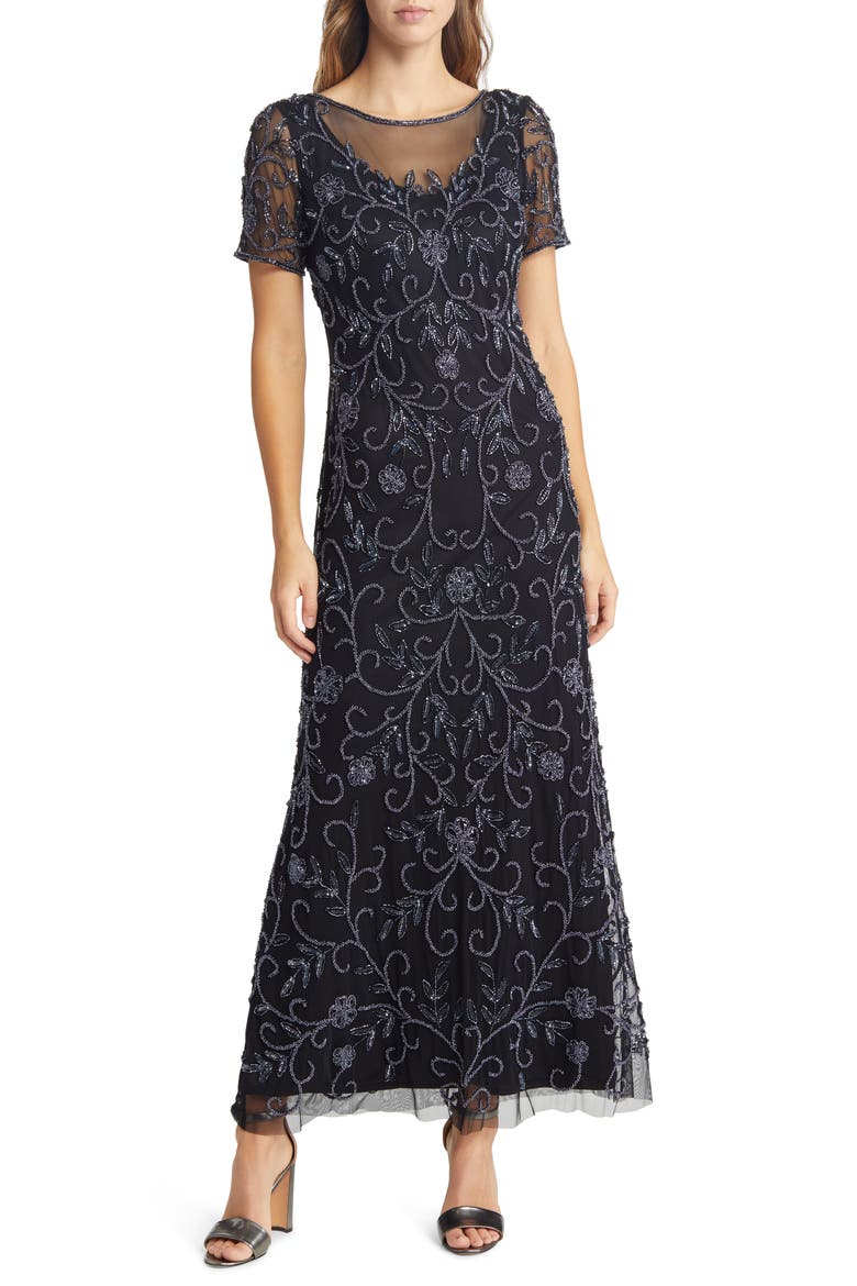 Floral Beaded Short Sleeve A-Line Gown, Main, color, BLACK/ GUNMETAL