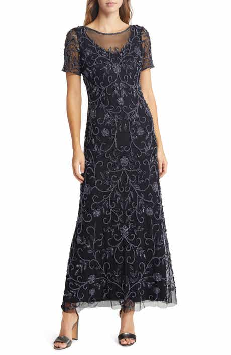 Pisarro Nights Floral Beaded Short Sleeve A-Line Gown