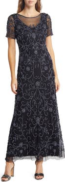 Pisarro Nights Floral Beaded Short Sleeve A-Line Gown