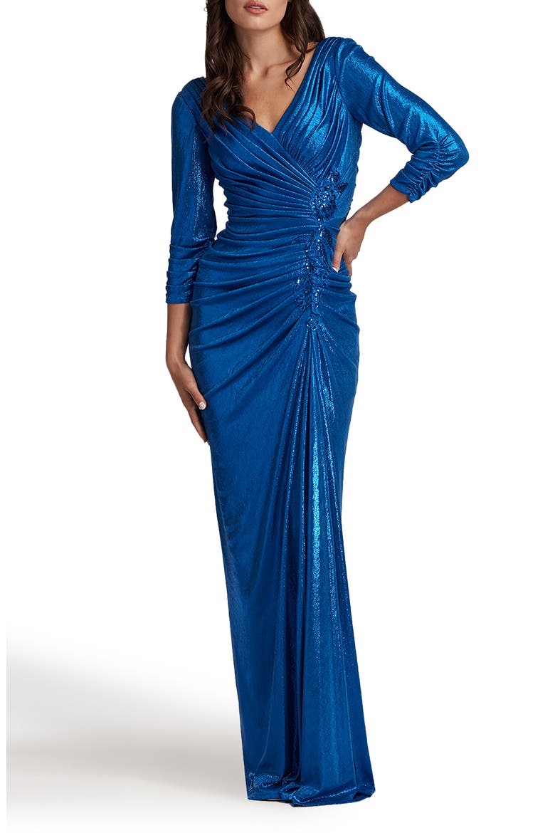 Ruched Metallic Three-Quarter Sleeve Gown, Alternate, color, PACIFIC BLUE