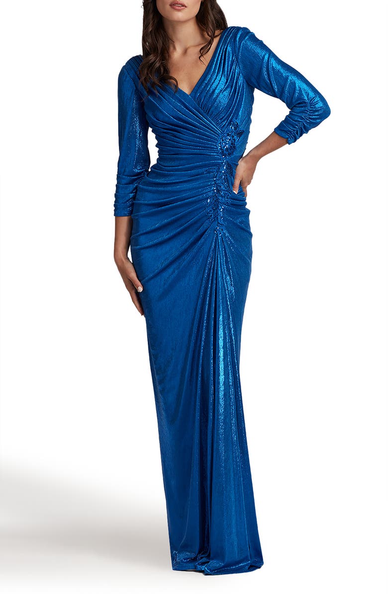 Tadashi Shoji Ruched Metallic Three-Quarter Sleeve Gown, Alternate, color, 