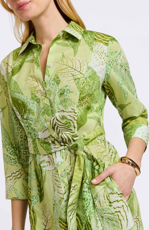 Foxcroft Fiona Botanical Print Belted Cotton Shirtdress In Green Multi