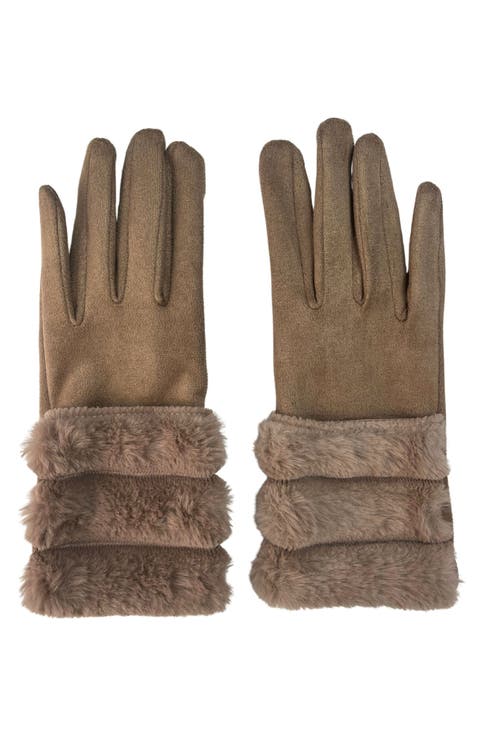 Faux Suede Gloves with Faux Fur Trim