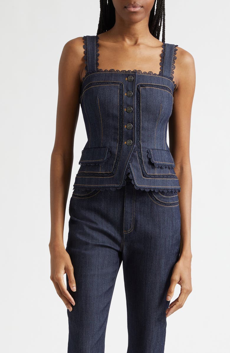 Cinq à Sept Myra Lace Denim Corset Top, Main, color, Indigo