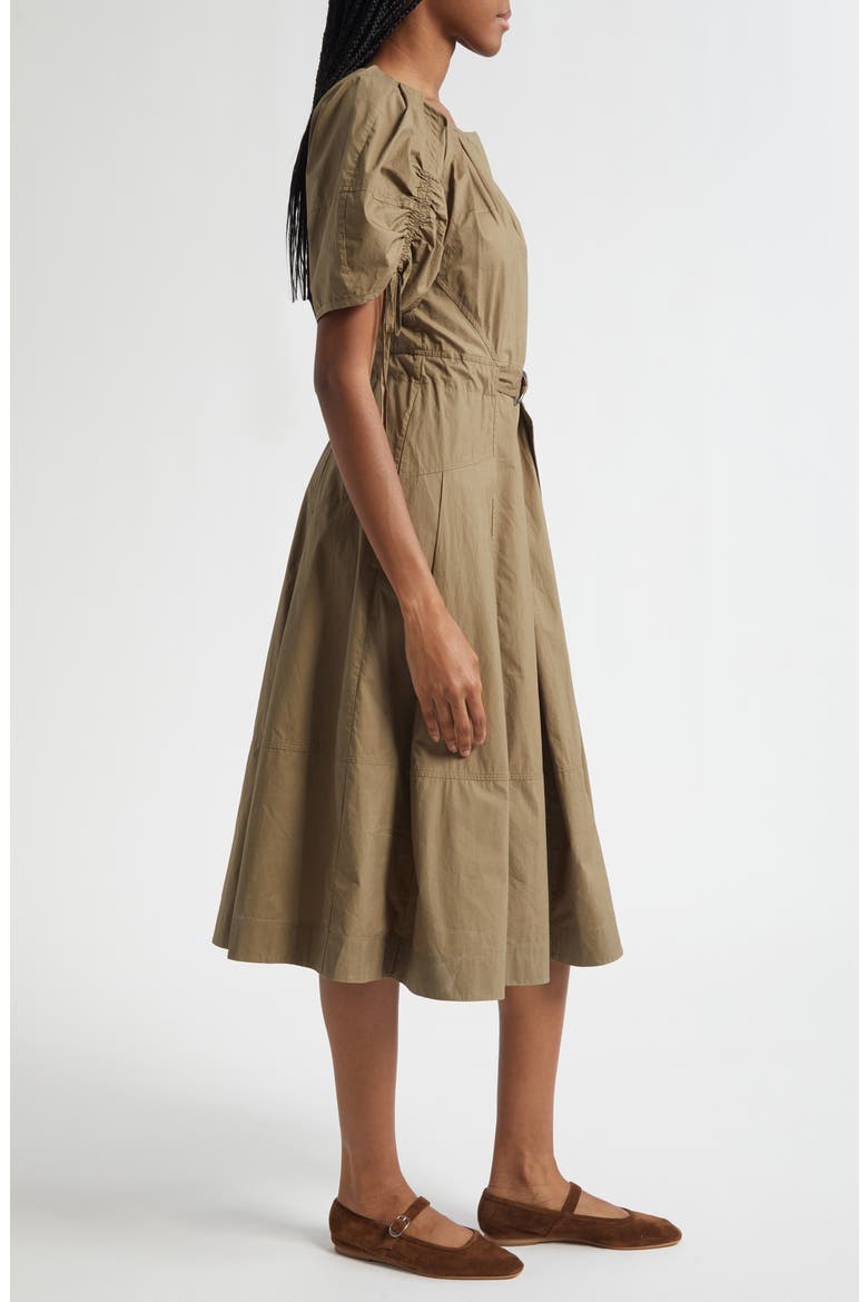 Puff Drawstring Sleeve Cotton Midi Dress, Alternate, color, CAPER
