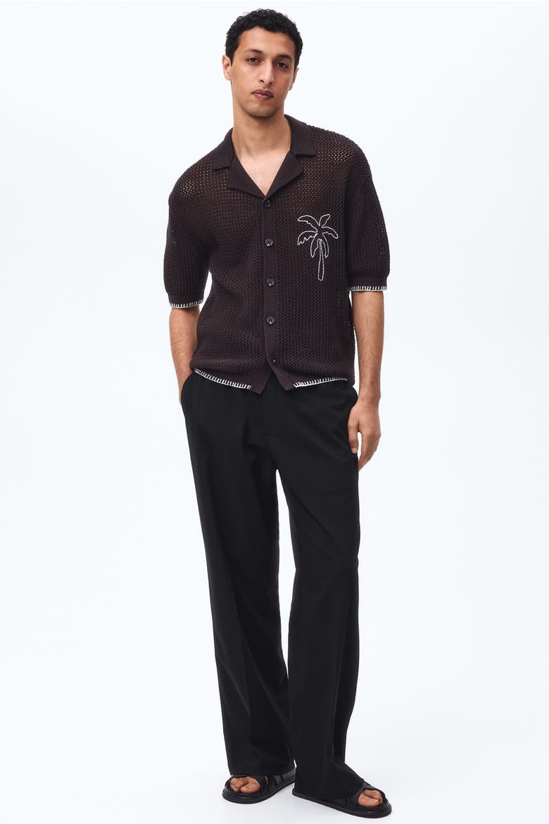 Relaxed Fit Hole-knit Resort Shirt, Alternate, color, Dark brown/palm tree