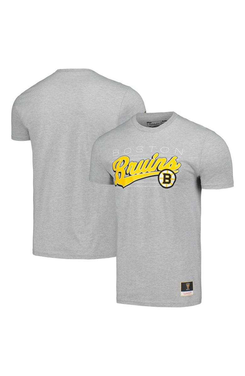 Mitchell & Ness Men's Mitchell & Ness Heather Gray Boston Bruins 100th Anniversary Script Sweep T-Shirt, Main, color, Heather Gray