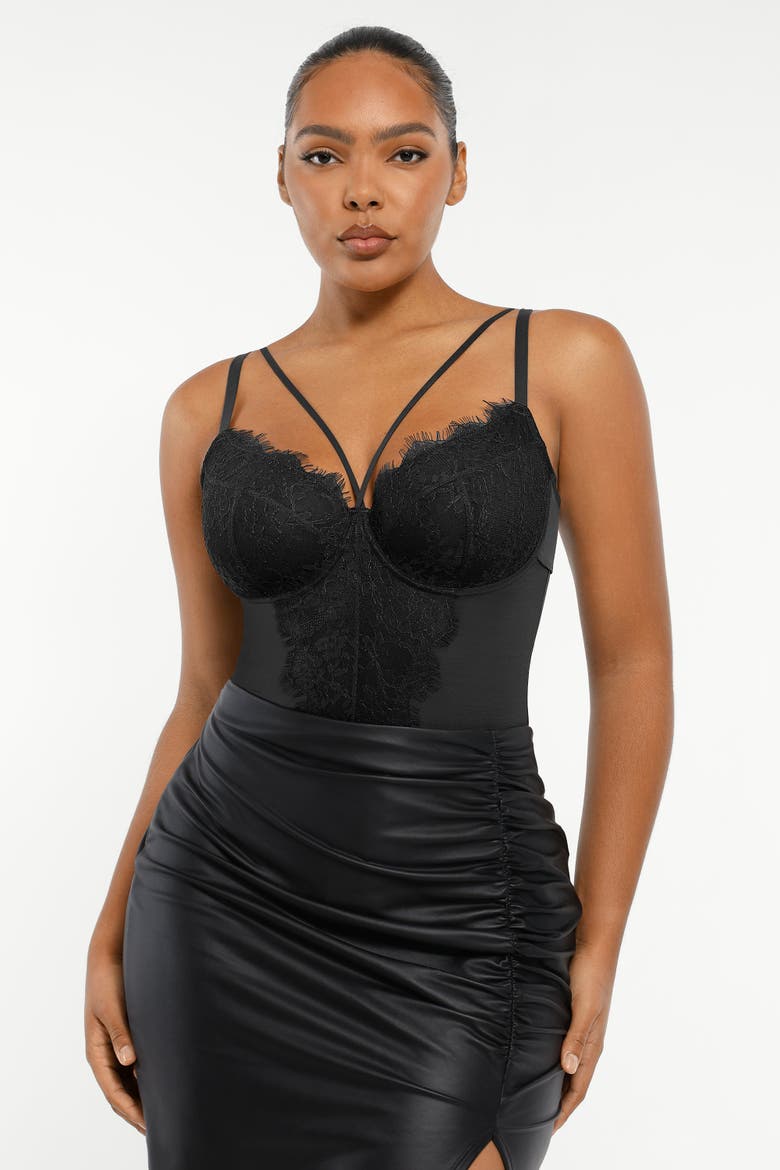 Sheer Lace Mesh Bodysuit with Shaping, Alternate, color, Matte Black