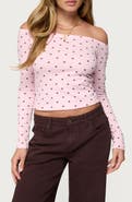 EDIKTED Leandra Polka Dot Off the Shoulder Stretch Cotton Top