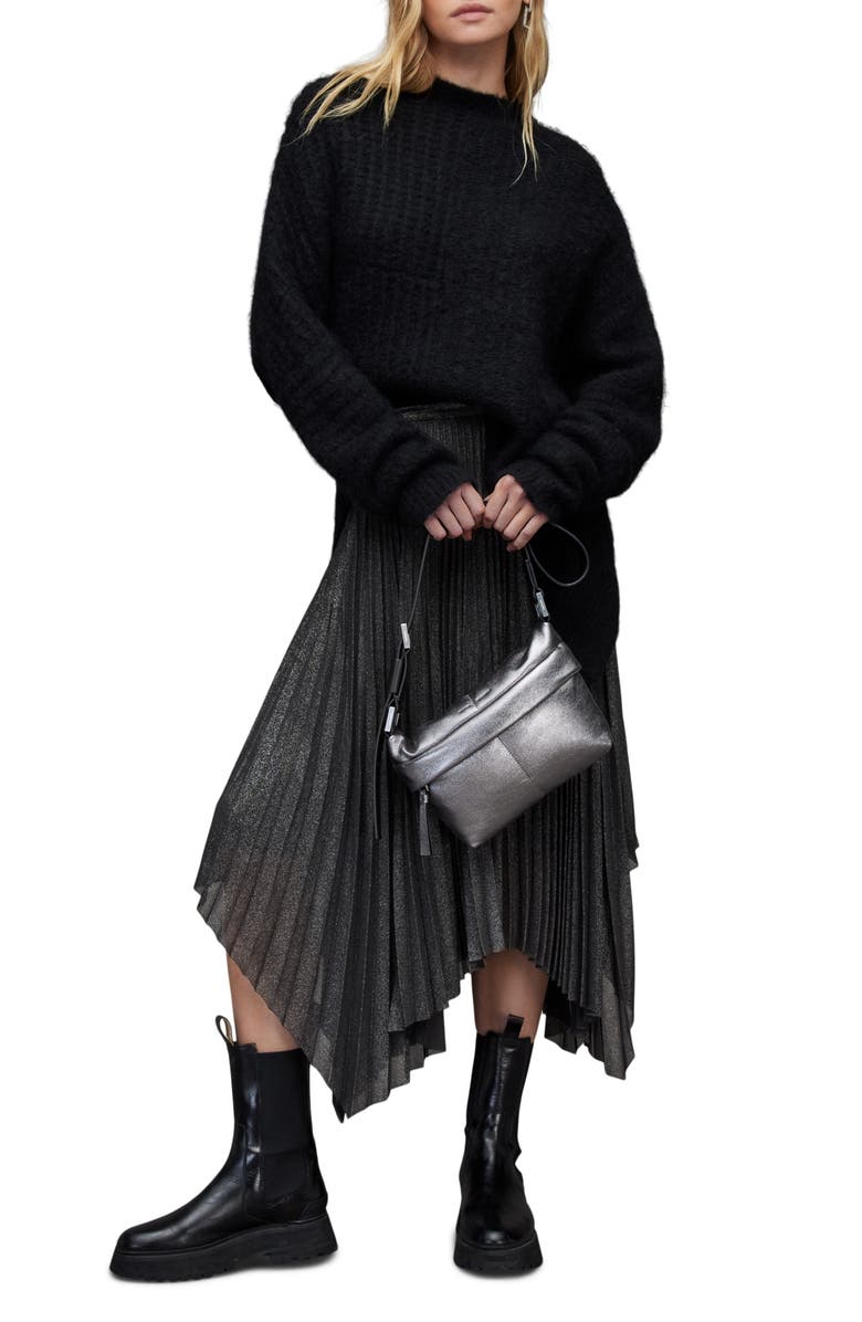 AllSaints Lerin Metallic Pleated Handkerchief Hem Skirt, Alternate, color, 