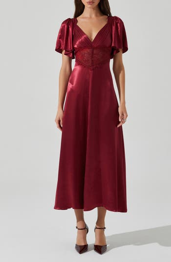 Astr The Label Aurelia Flutter Sleeve Lace & Satin Dress In Burgundy