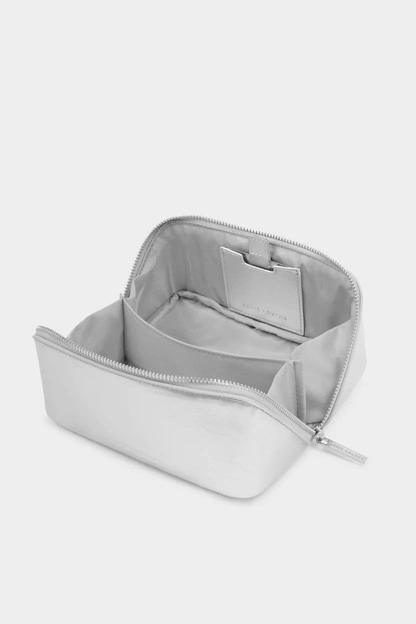 Patent Crackle Fold-Out Mirror Makeup Bag in Silver, Alternate, color, Silver