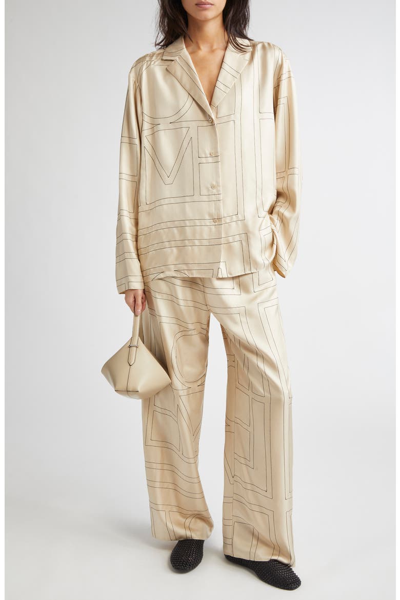 Totême Monogram Silk Pajama Top, Alternate, color, IVORY MONOGRAM