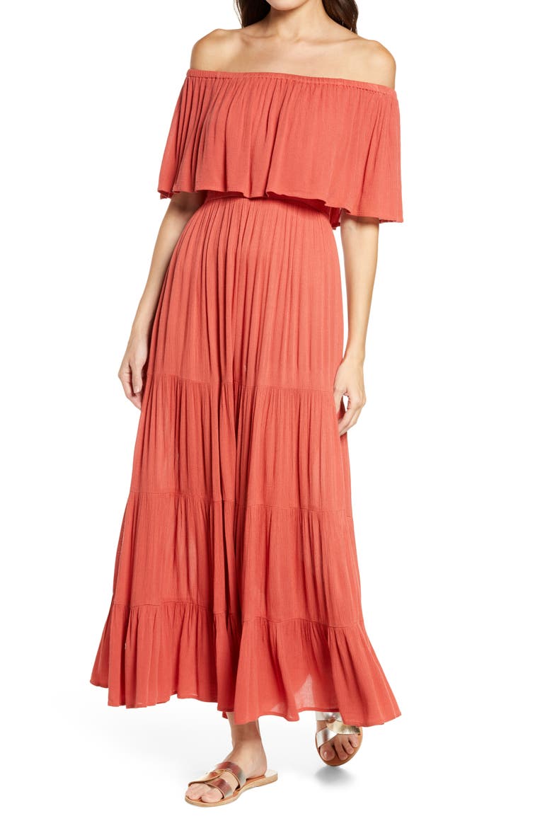 Off the Shoulder Ruffle Cover-Up Maxi Dress, Main, color, AUBURN