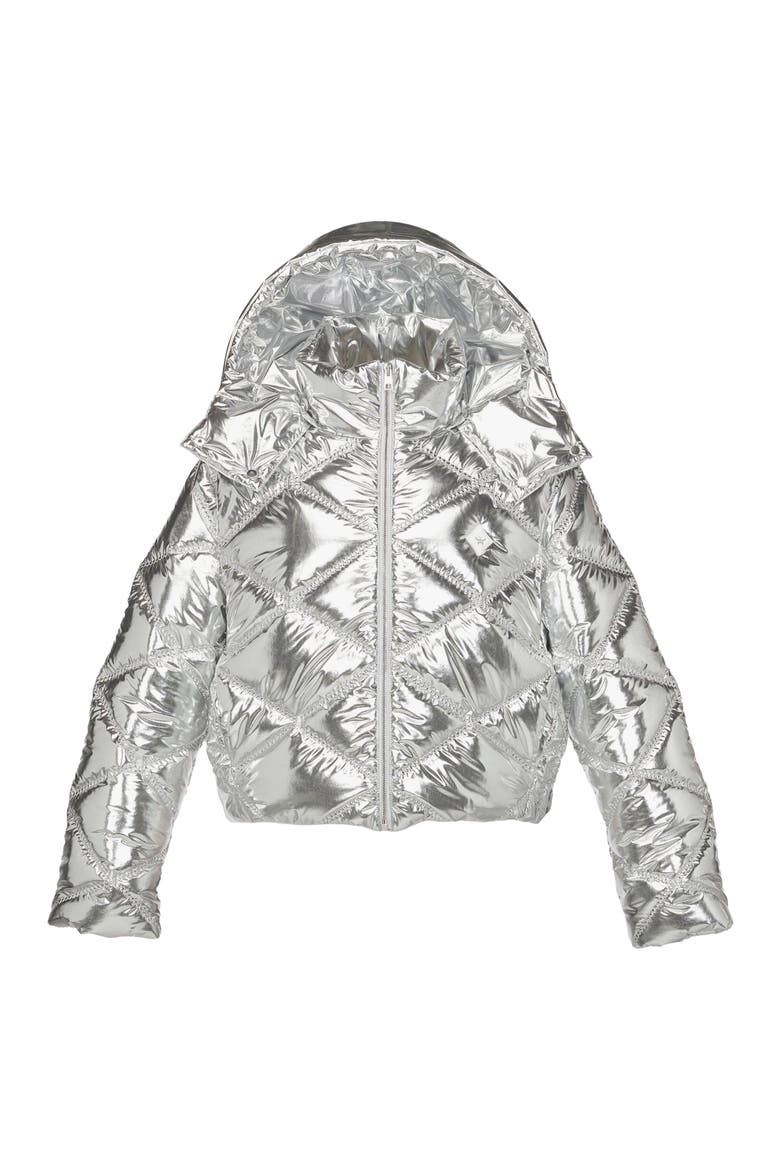 Apres-Ski Quilted Puffer Jacket in Metallic Polyester, Alternate, color, silver